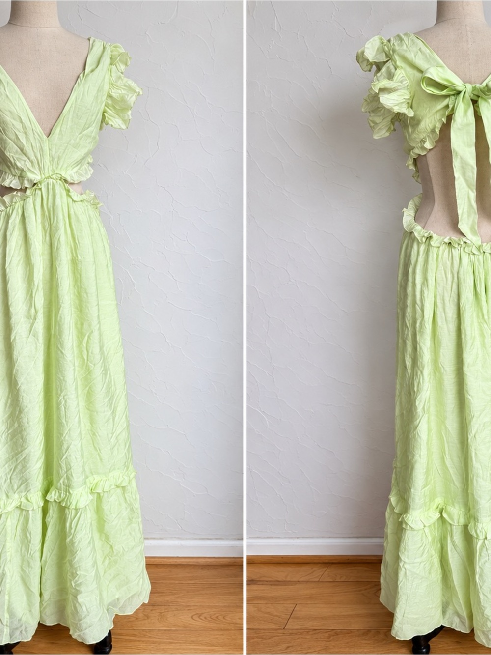 NWT H&M Pale Lime Green Ruffle Cutout Open Back Maxi Dress Size M